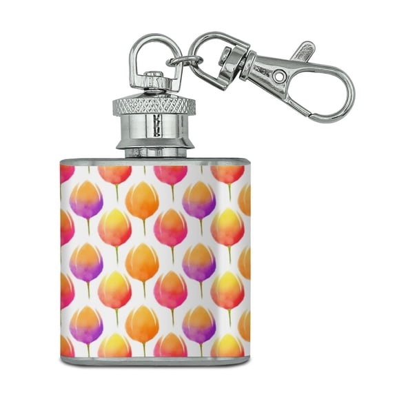 Watercolor Tulip Pattern Stainless Steel 1oz Mini Flask Key Chain