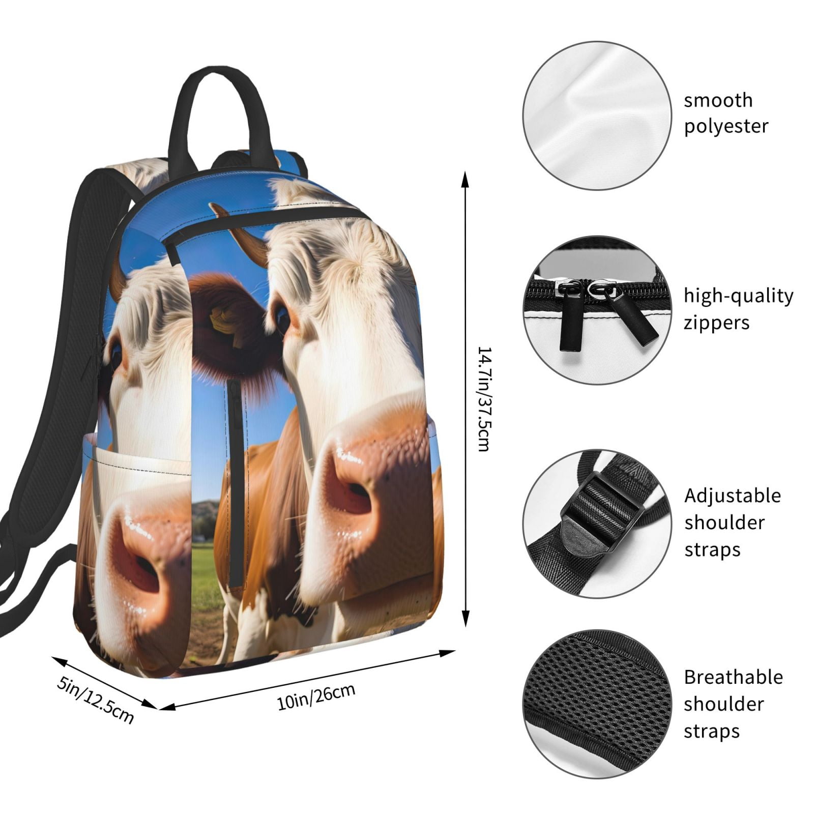 Xecao Blue Sky Meadow Cute Cow print Backpack For women men Aesthetic Lightweight Travel Daypack Simple Cute Backpack For Bookbag