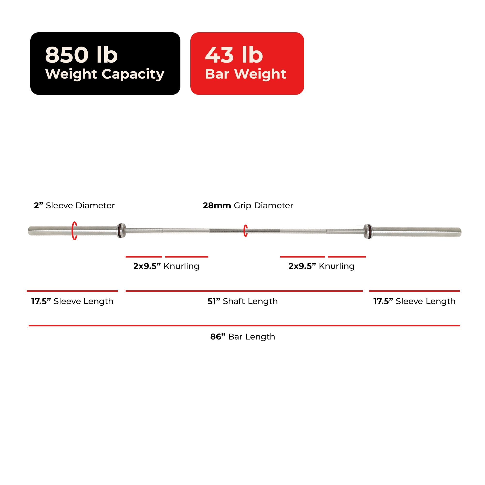 Sunny Health & Fitness 86” (7 ft) Olympic Barbell Bar with 28mm Shaft Diameter - SF-OB04-86-28