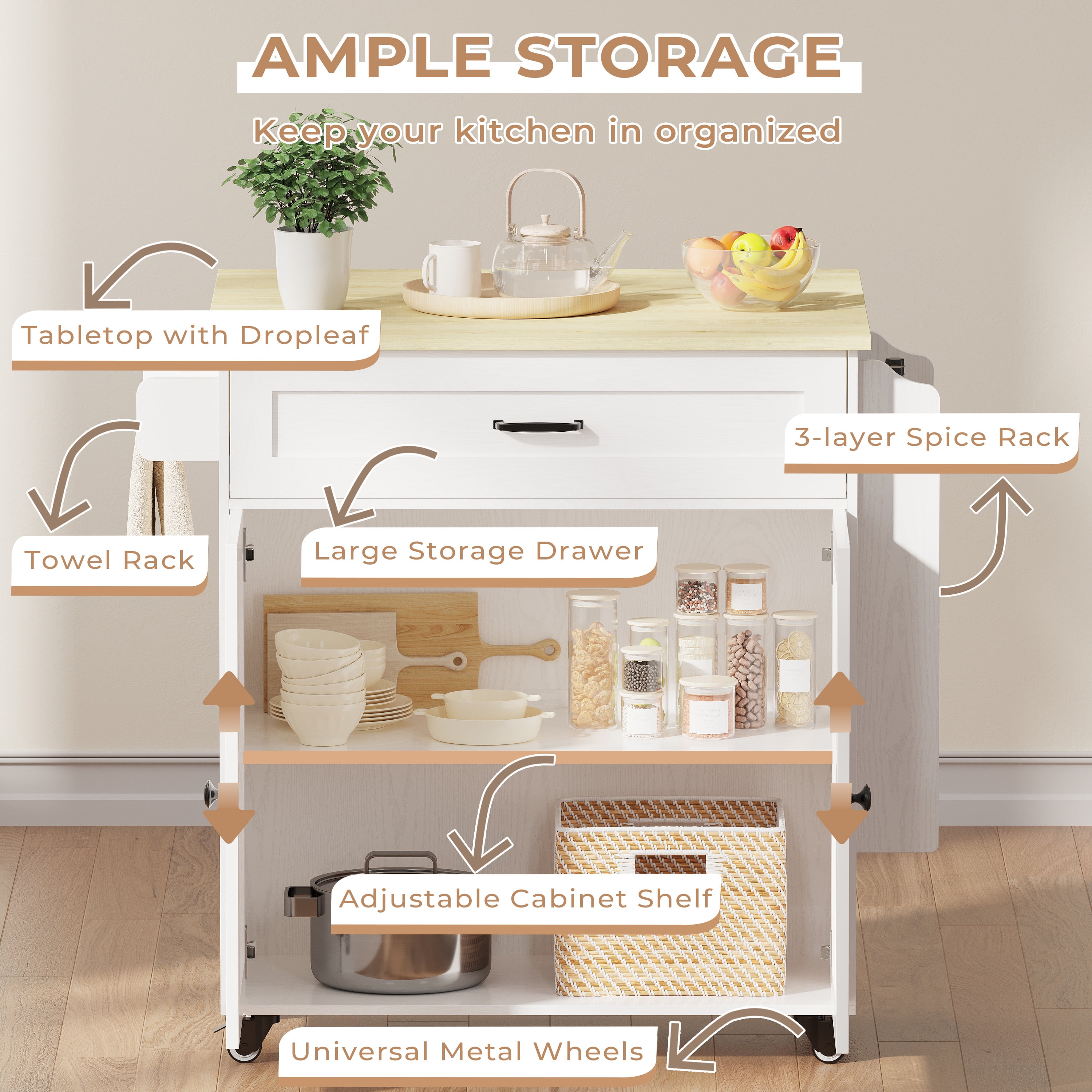 IRONCK 31.5" Rolling Kitchen Island Cart with Drop Leaf, Drawer, Adjustable Storage Cabinet, Spice Rack and Towel Holder