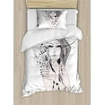 thumbnail image 1 of Face Duvet Cover Set, Sketch Design Young Woman Holding Flowers Wedding Themed Illustration, Decorative Bedding Set with Pillow Shams, Grey Baby Pink and Black, by Ambesonne, 1 of 3