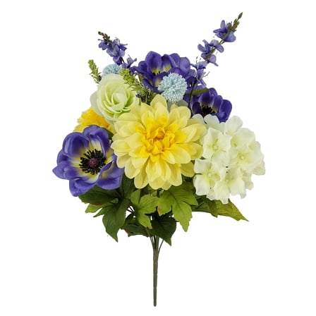 Mainstays Indoor 22.5 in Artificial Polyester Zinnia Hydrangeas Bouquet, Yellow Color