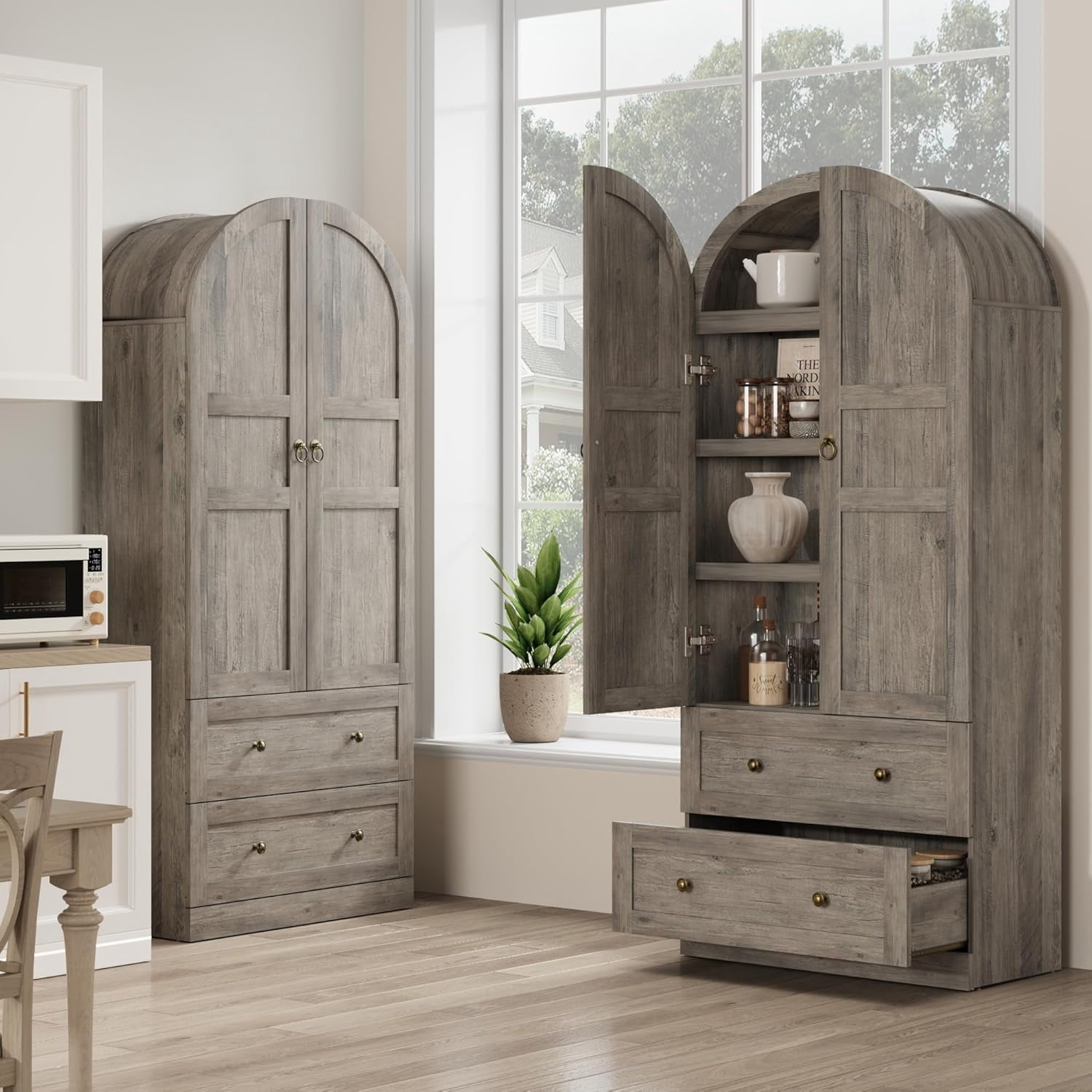 71" Tall Arched Bookcase Cabinet, Wood Arched Bookshelf with Doors & Drawers, Large Arch Display Bookcase Cabinet with Storage, Farmhouse Storage Cabinet for Office Living Room