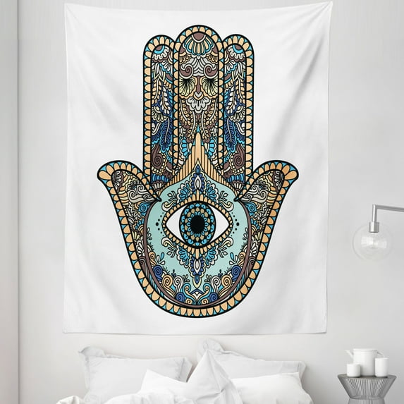 Hamsa Tapestry, Colorful Illustration of Hand with All Seeing Eye Motif and Paisleys Print, Fabric Wall Hanging Decor for Bedroom Living Room Dorm, 5 Sizes, Multicolor, by Ambesonne