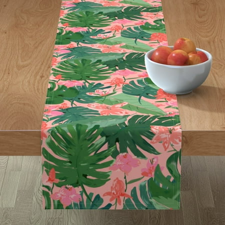 

Cotton Sateen Table Runner 90 - Tropical Floral Coral Pink Palm Tree Flowers Flower Summer Print Custom Table Linens by Spoonflower