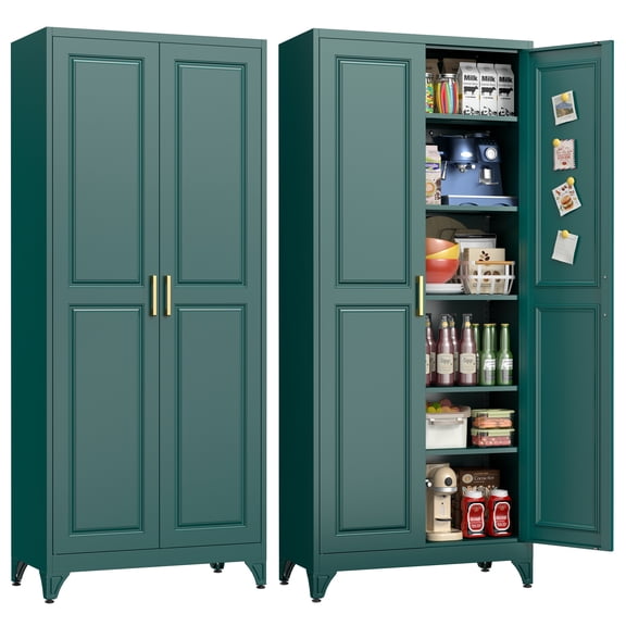 Polup 75" Green Metal Freestanding Tall Steel Pantry Storage Cabinet with 5 Adjustable Shelves for Kitchen Garage Home