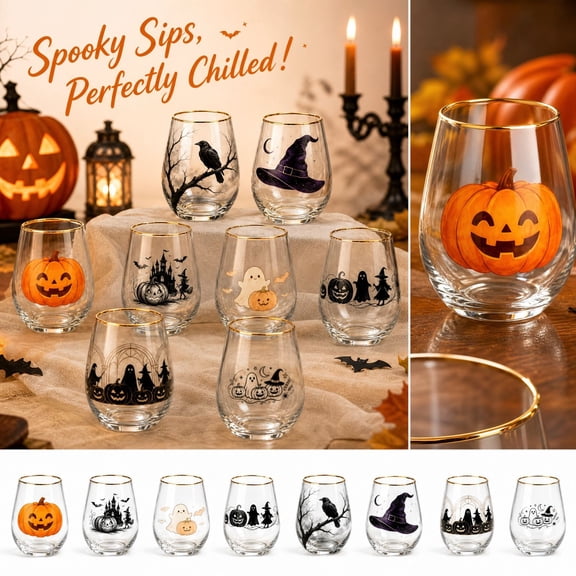 Halloween Glass Stemless Glass 4 Inch Halloween Tumbler with Jack O Lantern Print Gold Rim for Halloween Table Decor Halloween Party for Adults, 1 Pack