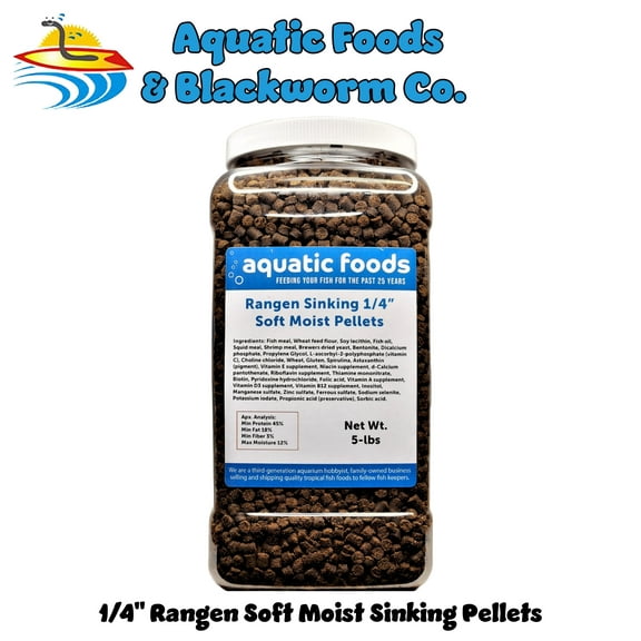 5-lbs Adult Axolotl Food 1/4" Soft Moist Sinking Pellets for Axolotls, Shrimp, Snails, Large Tropical Fish Rangen Salmon Sinking Pellets. Aquatic Foods Premium Tropical Fish Pellet Foods. 5-lb-Jar