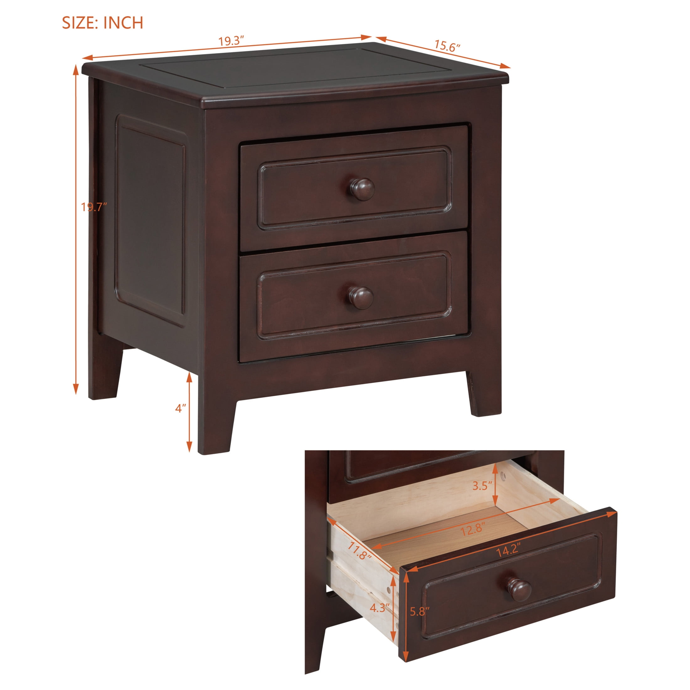 Noble House Mid-Century Nightstand with 2 Drawers, Wooden Bedside Table for Bedroom, Dark Walnut