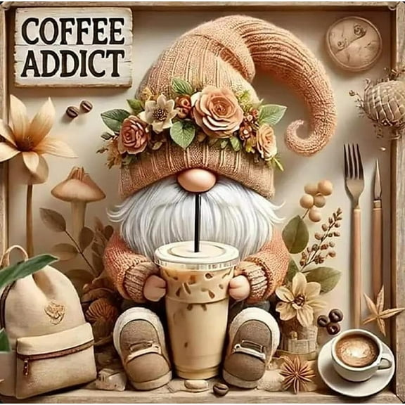 Diamond Art Painting Kits for Adults, Gnome Drinks Coffee 5D Diamond Painting Dots Art Kits for Adults Beginner, DIY Full Round Gem Crystal Art Paint by Diamond, Home Wall Decor 14x 14 in