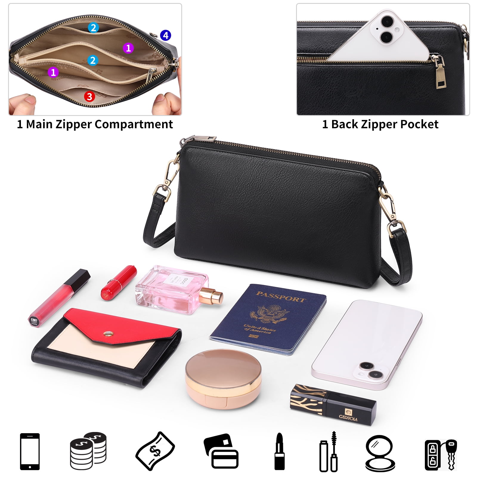 GAEKEAO Crossbody Bags for Women RFID Blocking Leather Shoulder Purse with Adjustable Strap & Top Zipper