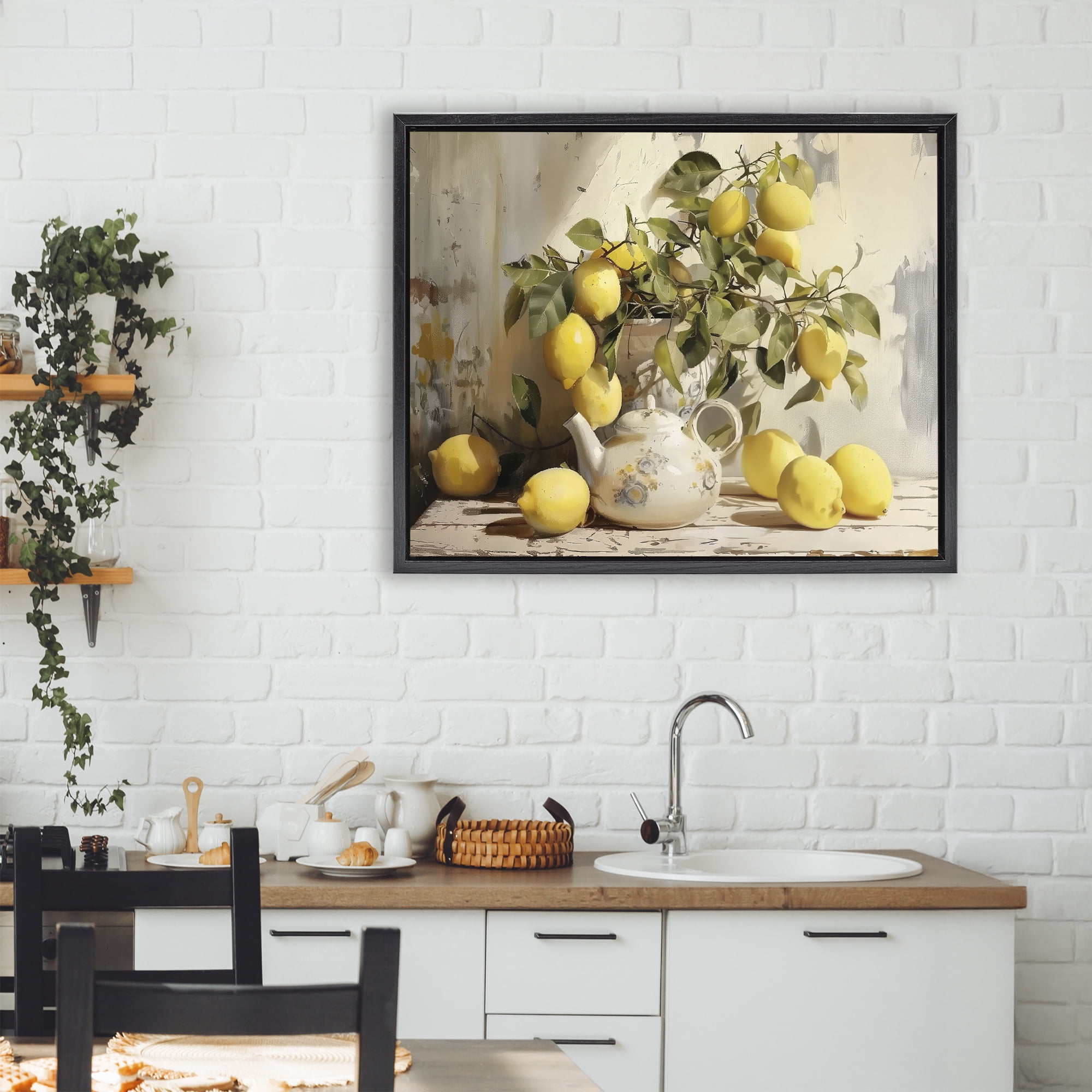 Stupell Industries Lemon Still Life with Teapot Black Framed Floater Canvas Wall Art, design by LSR Design Studio