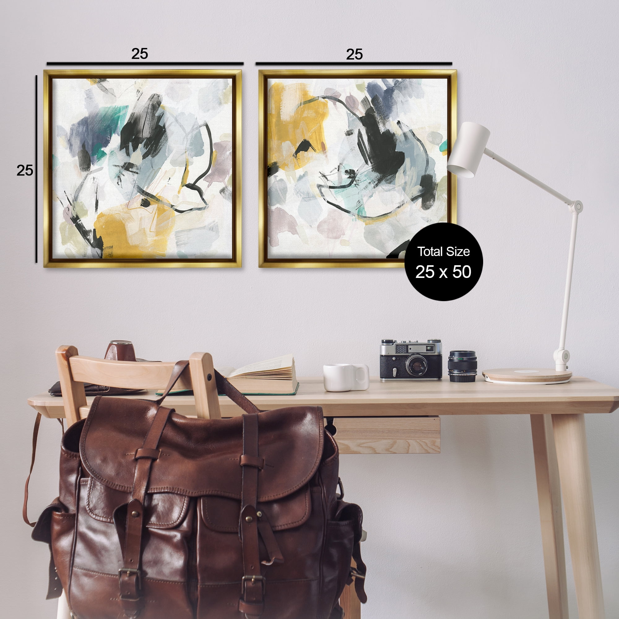 Stupell Industries Black & Yellow Abstract Splash Abstract Painting Gold Floater Framed Canvas Art Print Wall Art, 25 x 25, Set of 2