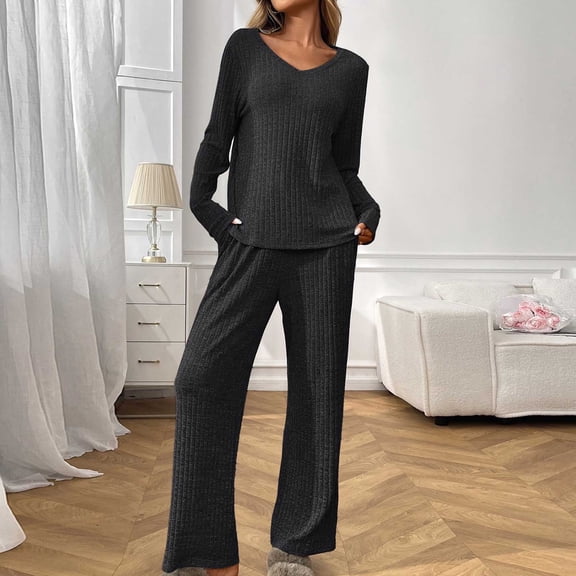 Wensltd Womens Long Sleeve Pajama Sets V-neck Pullover Top and Pants Casual Sleepwear Sets