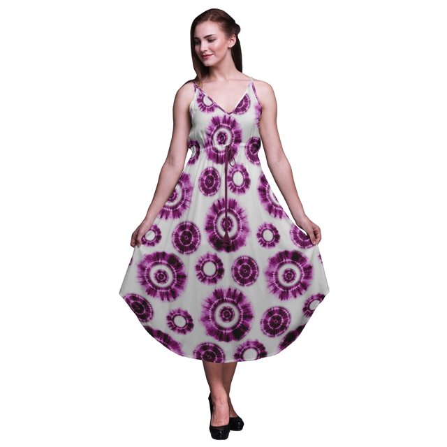 Bimba Robe Midi de Plage Imprimée Teinture sur Nœuds pour Femmes, à Bretelles, Tenue d'Été de Resort-Moyenne