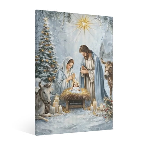 Vintage Jesus Nativity Scene Canvas Wall Art Paint Framed , Christian Watercolor Jesus Wall Art Decor,Christmas Wall Religious Artwork for Home Living Room,Bedroom Wall Decor