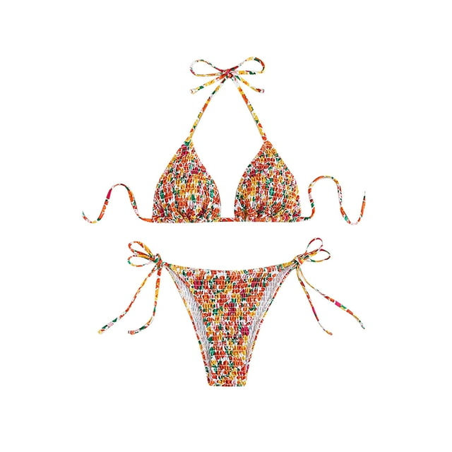 Women's Plus Size Swimsuits, Womens Triangle Bikini Set String Swimsuit Print Tie Smocked Ruched Two Piece Bathing Suit S-XL Womens Swimsuits