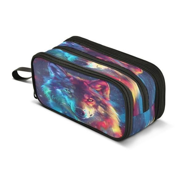 ALAZA Galaxy Wolf Head Pencil Case Bag 3 Compartment Pen Pouch Large Storage Holder Box Organizer