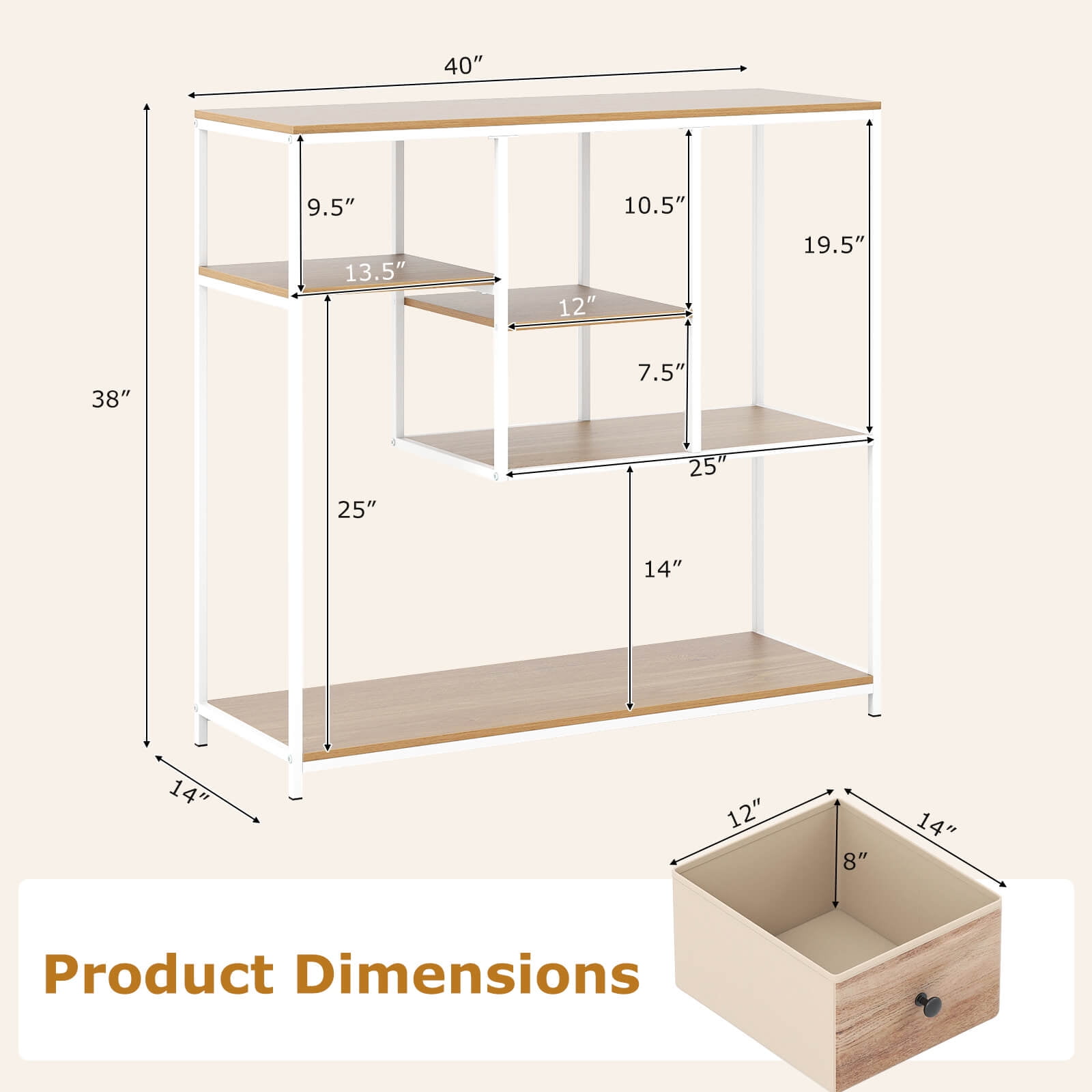 Costway 40” Console Table with Storage Drawer 4-Tier Display Shelf for Living Room Hallway Natural and White