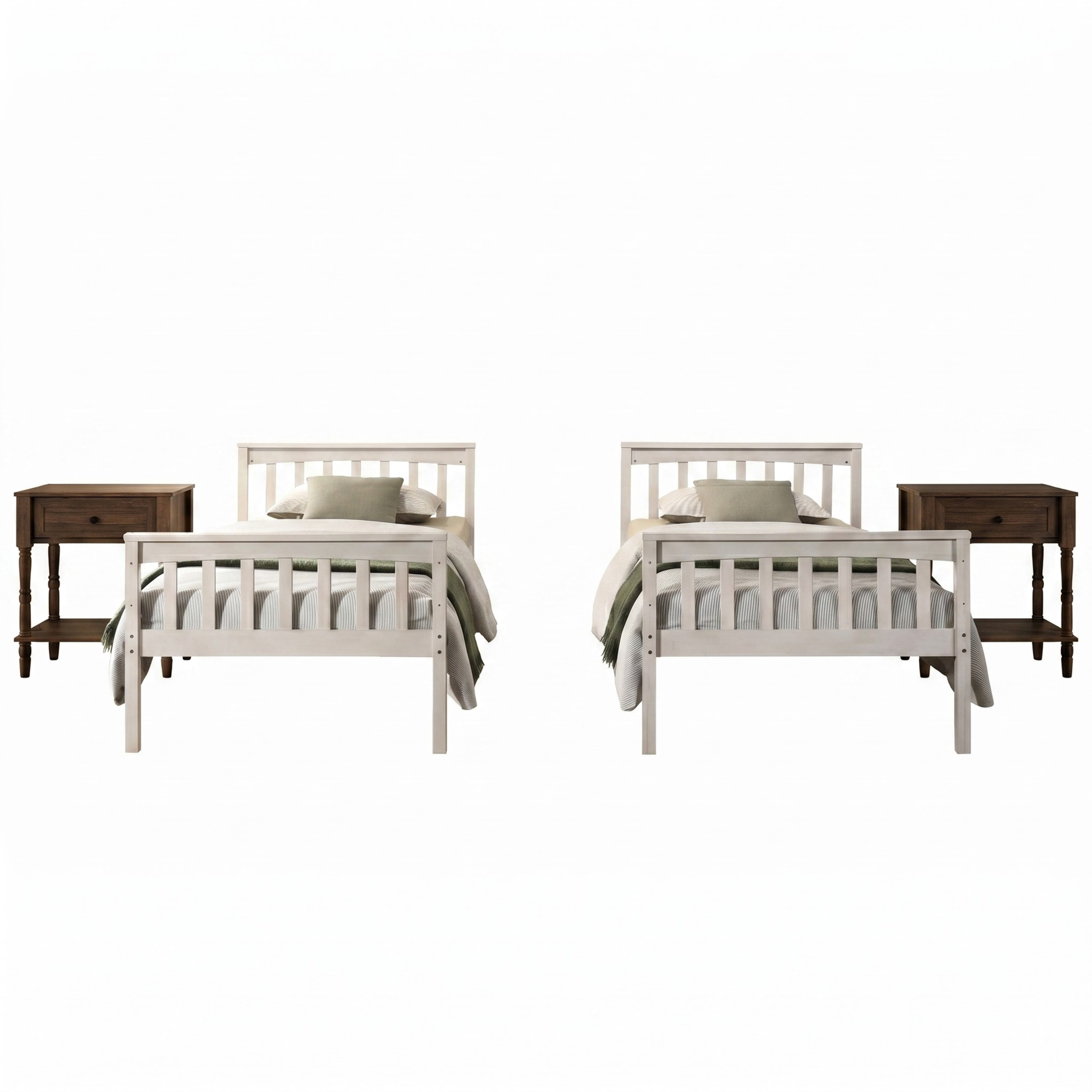 Home Design Ames Twin Over Twin Solid Wood Bunk Bed with 2 Ruston Nightstand – 3-Piece Space-Saving Bedroom Set, Antique White/ Brown