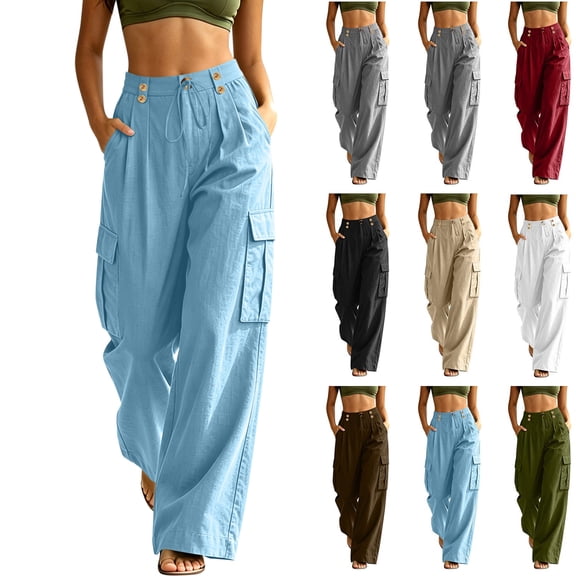Cargo Work Pants For Women Straight Leg Back Long Pants Elastic Waist Solid Color Lightweight Cargo Pants With Side Pockets