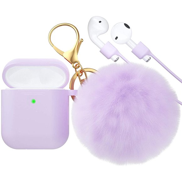 Airpod Case, Silicone Airpod Case with Fur Ball Keychain Compatible with Apple Airpods 2/1