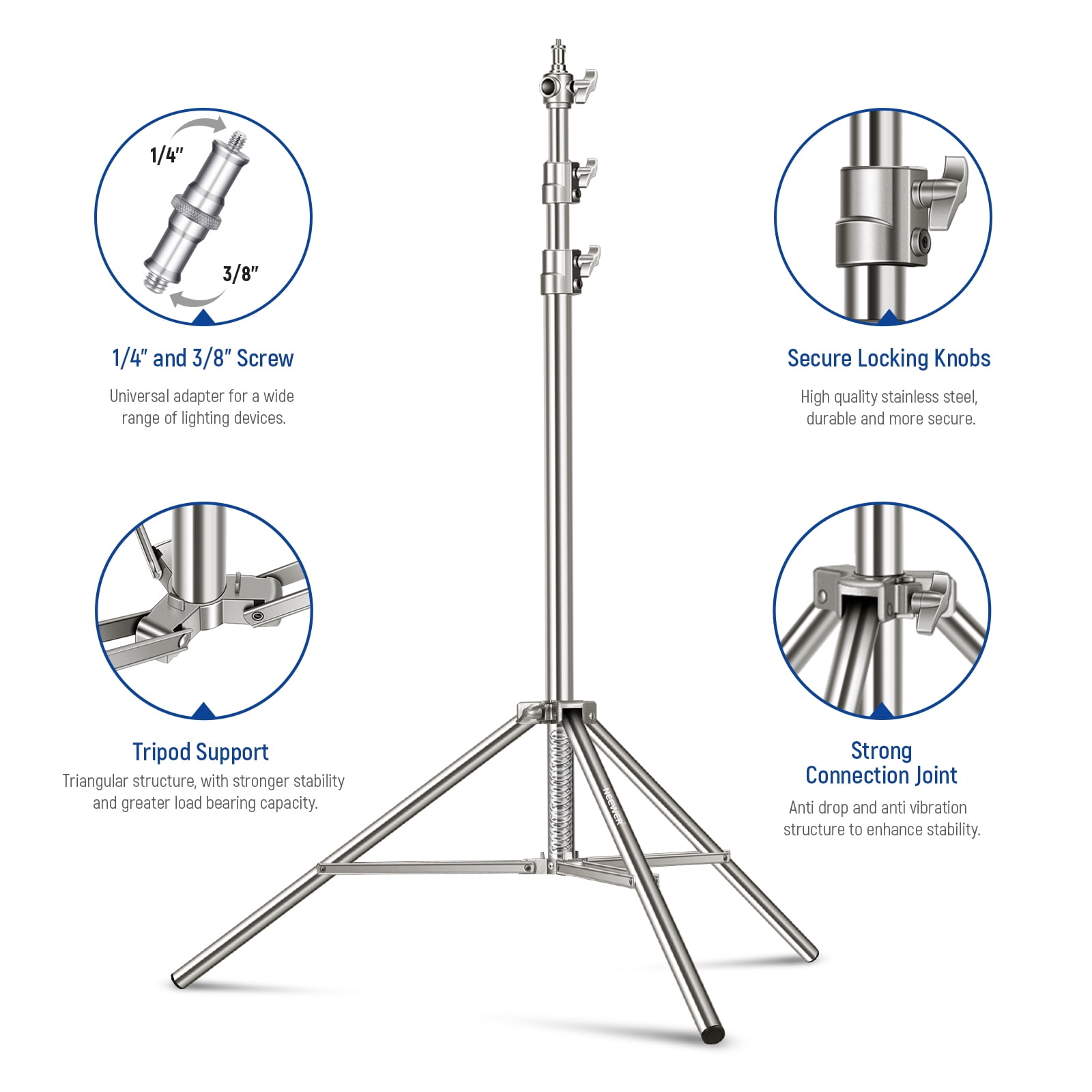 Neewer 7.2ft Stainless Steel Light Stand - With Spring Cushion & Screw Adapter for Strobe/LED Lights