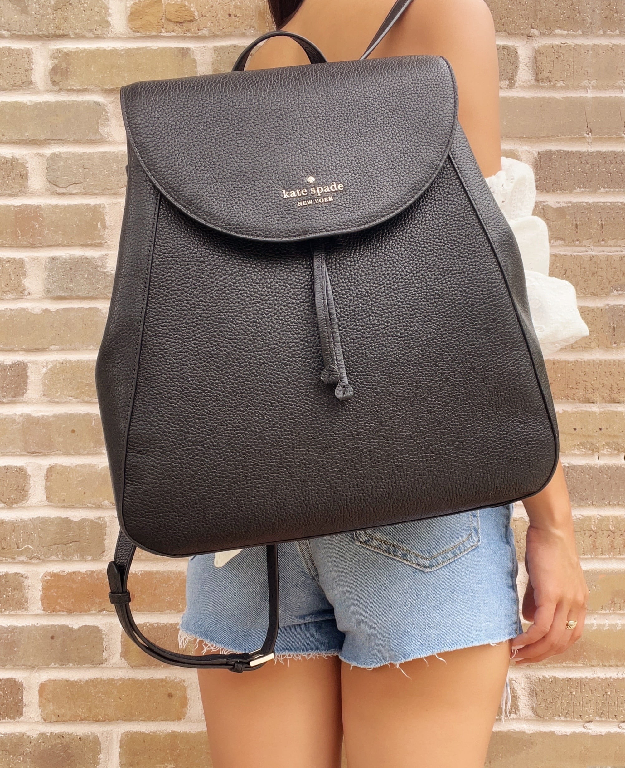 Kate Spade New York Leila Large Flap Leather Drawstring Backpack Black -  