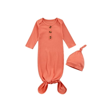 

TheFound Newborn Baby Girl Boy Gowns Long Sleeve Knotted Sleeping Bags with Hat Cotton Nightgown Sleepwear