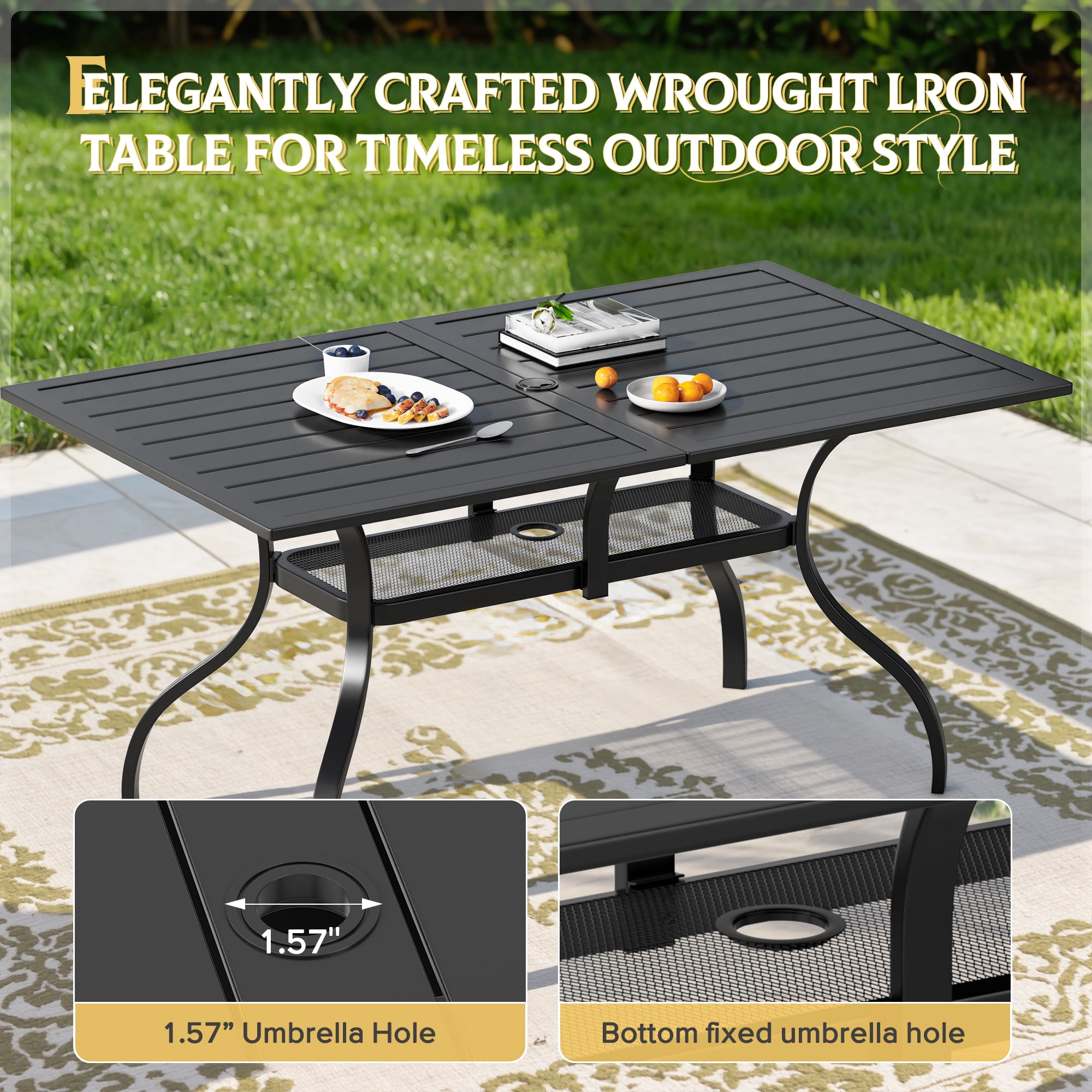 SOLAURA Outdoor Dining Table, 60" x 37"Outdoor Rectangular Metal Table with 1.57" Umbrella Hole, for Backyards, Porches, Gardens or Poolside, Black
