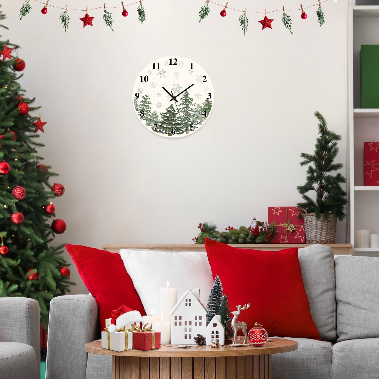 Sanmadrola Christmas Decoration Wall Clock Home Indoor Decor Silent Non Ticking Wooden 12'' Christmas Tree