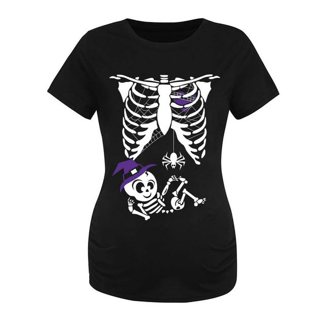 Hauts de Maternité d'Halloween pour Femmes, T-Shirt de Grossesse à Imprimé Amusant, Coupe Confortable Extensible pour Tenue Décontractée, Tunique à Col en V Froncé sur le Côté