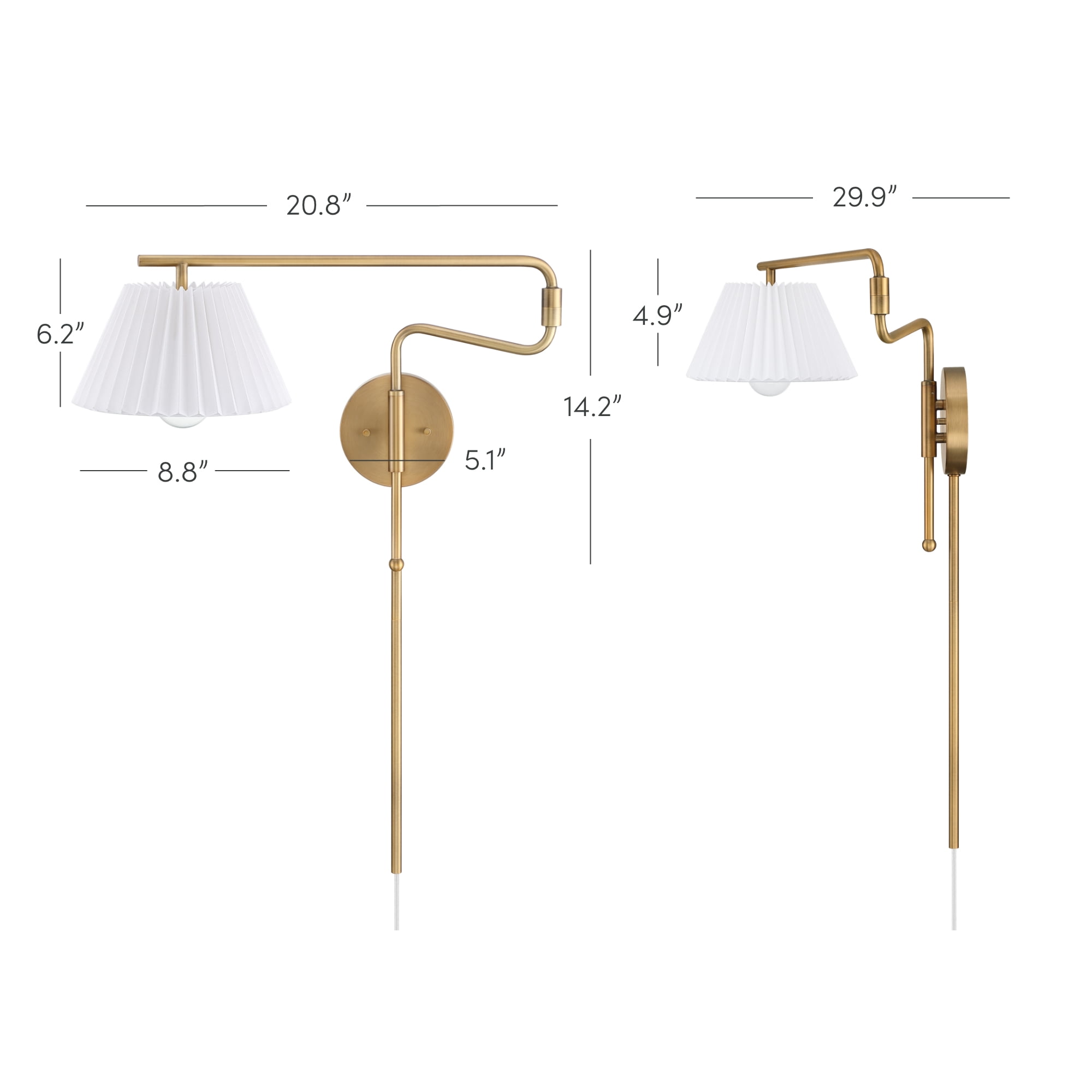Nathan James Kai Modern Wall Mounted Plugin Bedside Reading Lamp with Pleated Shade, Vintaged Brass Finish