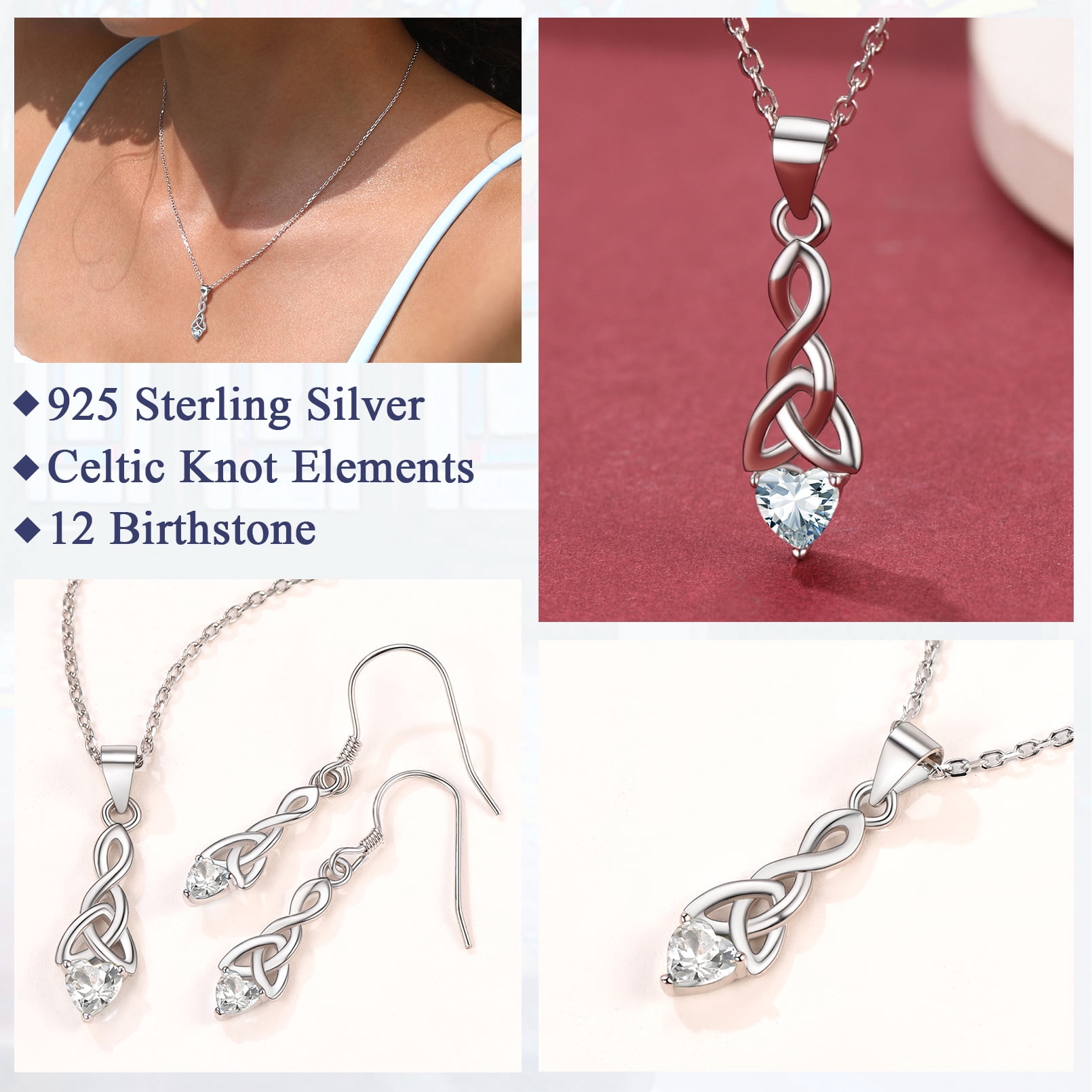 FaithHeart April Birthstone Heart Necklace for Women Celtic Knot Pendant Necklace 925 Sterling Silver Sister Friend Christmas Birthday Jewelry Gift