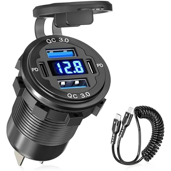 Quyaojz 78W 12V USB Outlet 4 Port Dual 30W PD & Dual Quick Charge 3.0 Aluminum12V Car Charger Socket with VoltmeterC to C Cable Coiled 3FT Cord for Car Boat Marine RV