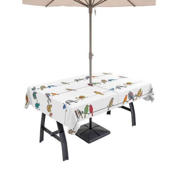 Outdoor Tablecloth with Umbrella Hole for Patio/Picnic/Party/Camping, Cute Birds Waterproof Table Cloth Rectangle Table Cover Washable, Funny Snowflake Wire Sparrow (60"x 102")