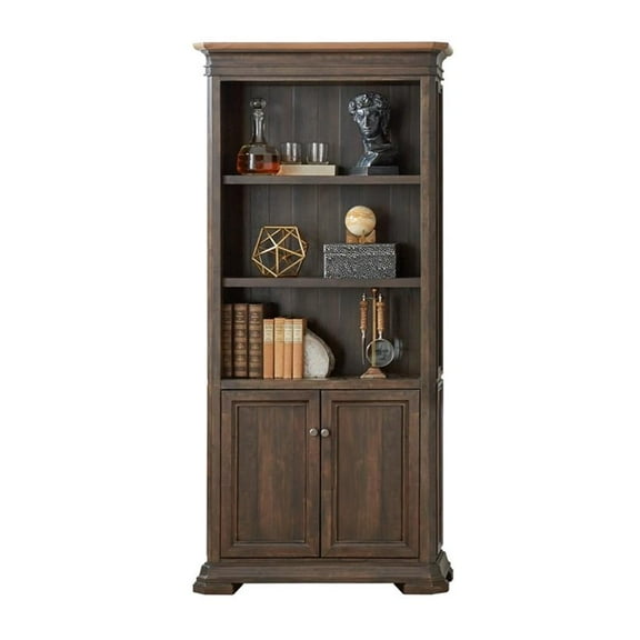 Pemberly Row Executive Bookcase With Wood Doors Mildly Distressed in Brown