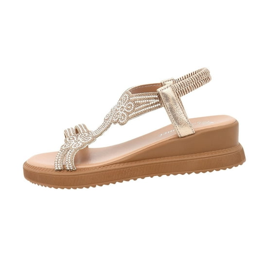 Sandals for Women Dressy Summer Flat Casual Summer Rhinestone Beaded Sparkly Bling Bohemian Flower Sandal Comfortable Elastic Ankle Strap Beach Shoes