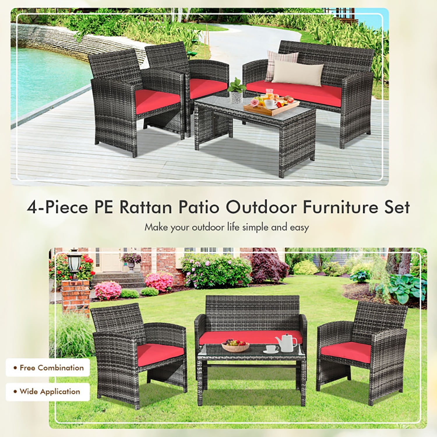 Aimee Lii 4 Pieces Wicker Patio Furniture Set with Cushions, Wicker Outdoor Sectional, Red Aimee Lii 4 Pieces Wicker Patio Furniture Set with Cushions, Wicker Outdoor Sectional, Red