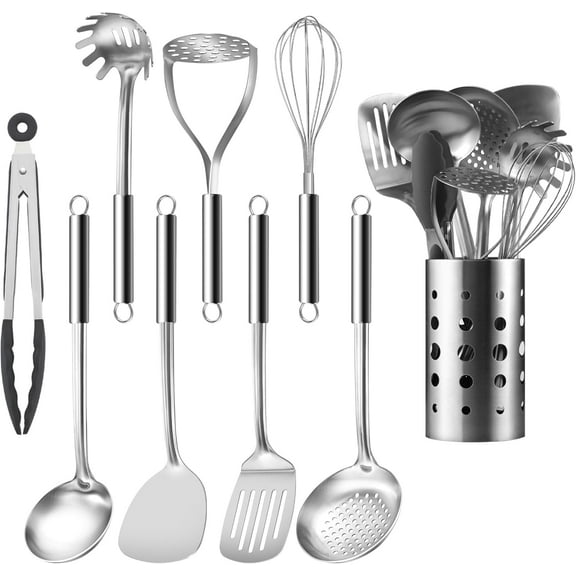 Mirdinner Cooking Utensils Set, 9 Pcs Stainless Steel Kitchen Utensils Set, Kitchen Tools Set, Spatula Sets w Utensil Holder, Wok Spatula,Ladle,Egg Whisk,Non-Stick And Heat Resistant, Dishwasher Safe