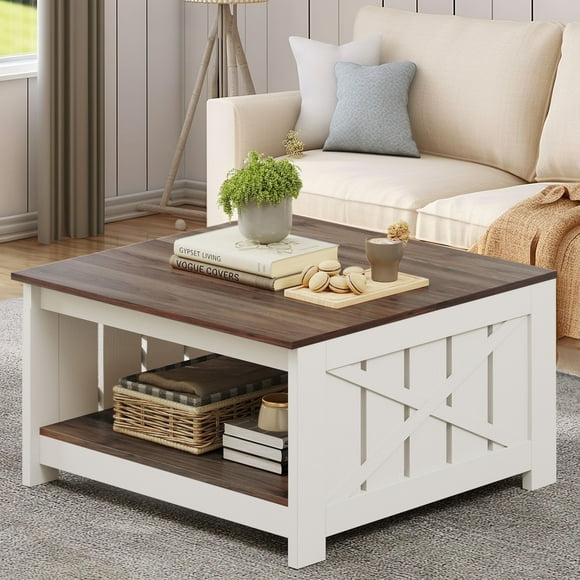 Coffee Table with Storage, Square Wood Farmhouse Coffee Table with Barn Door for Living Room, Brown
