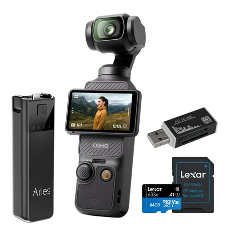 DJI Osmo Pocket 3 Gimbal Camera, Bundle with Power Bank, Carry Case, Screen Protector, 64GB Memory Card and Card Reader
