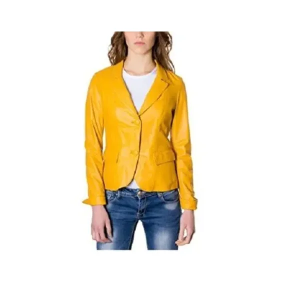 Real Genuine Lambskin Leather Party Stylish Yellow Classic Blazer Button Women