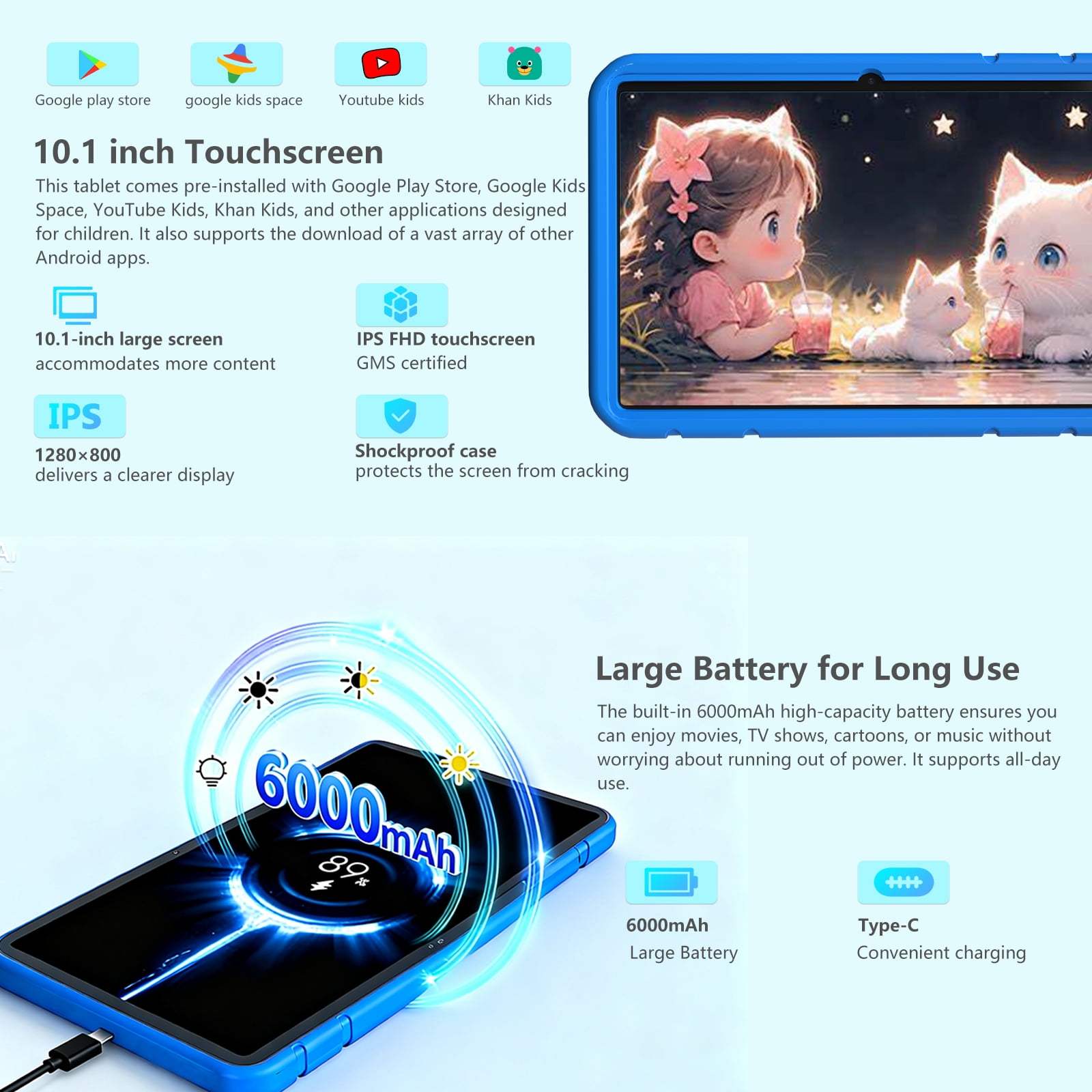 Kids Tablet 10.1 inch Android 15 Octa-Core Tablets with Drop-proof Case, 20GB ROM 128GB, 1TB TF Card Expandable, Parental Control, WiFi 6 and Bluetooth, Blue