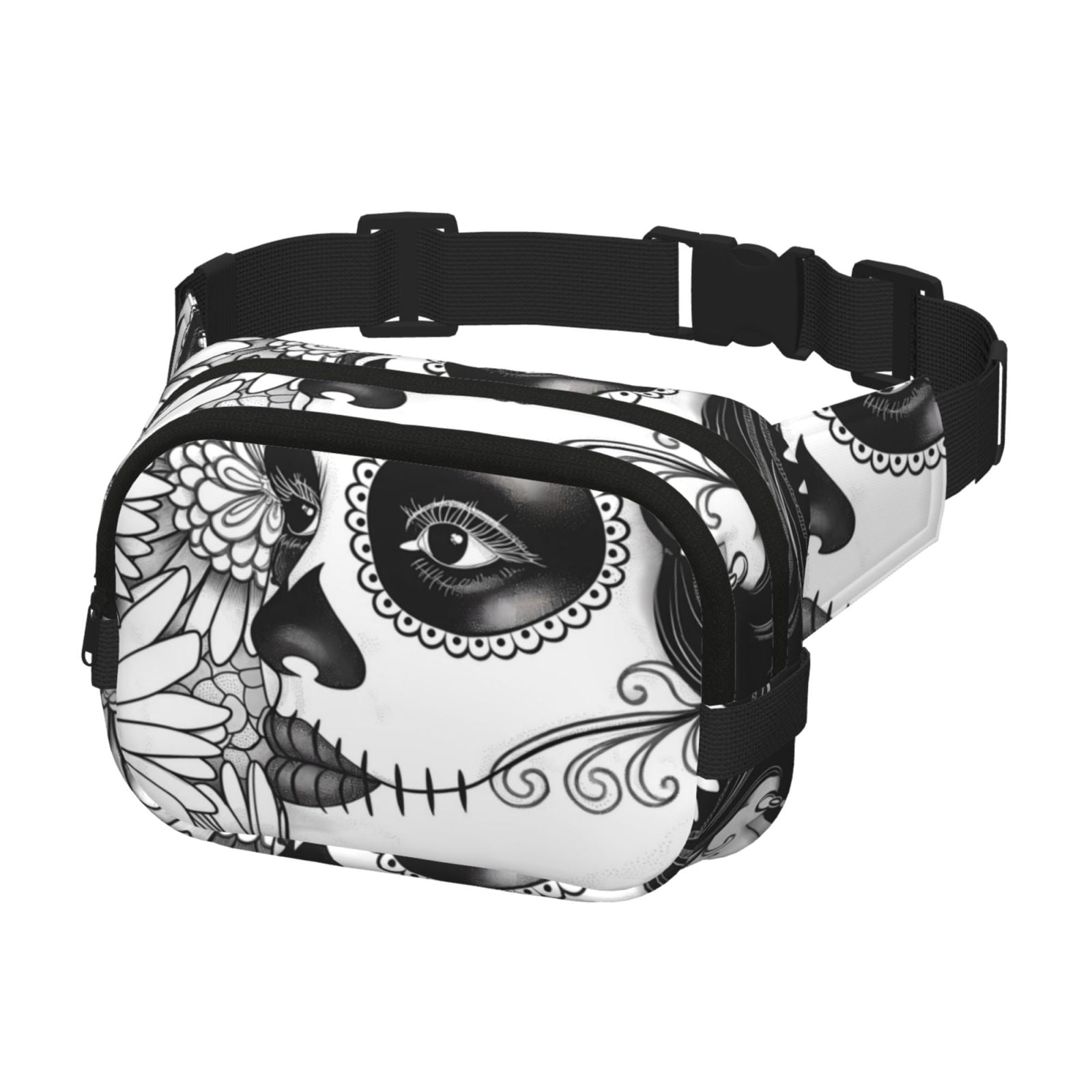 Fuzoiu Floral Sugar Skull Portrait Print Unisex Square Double Layer Waist Bag,Crossbody Fanny Pack Travel Workout Accessory