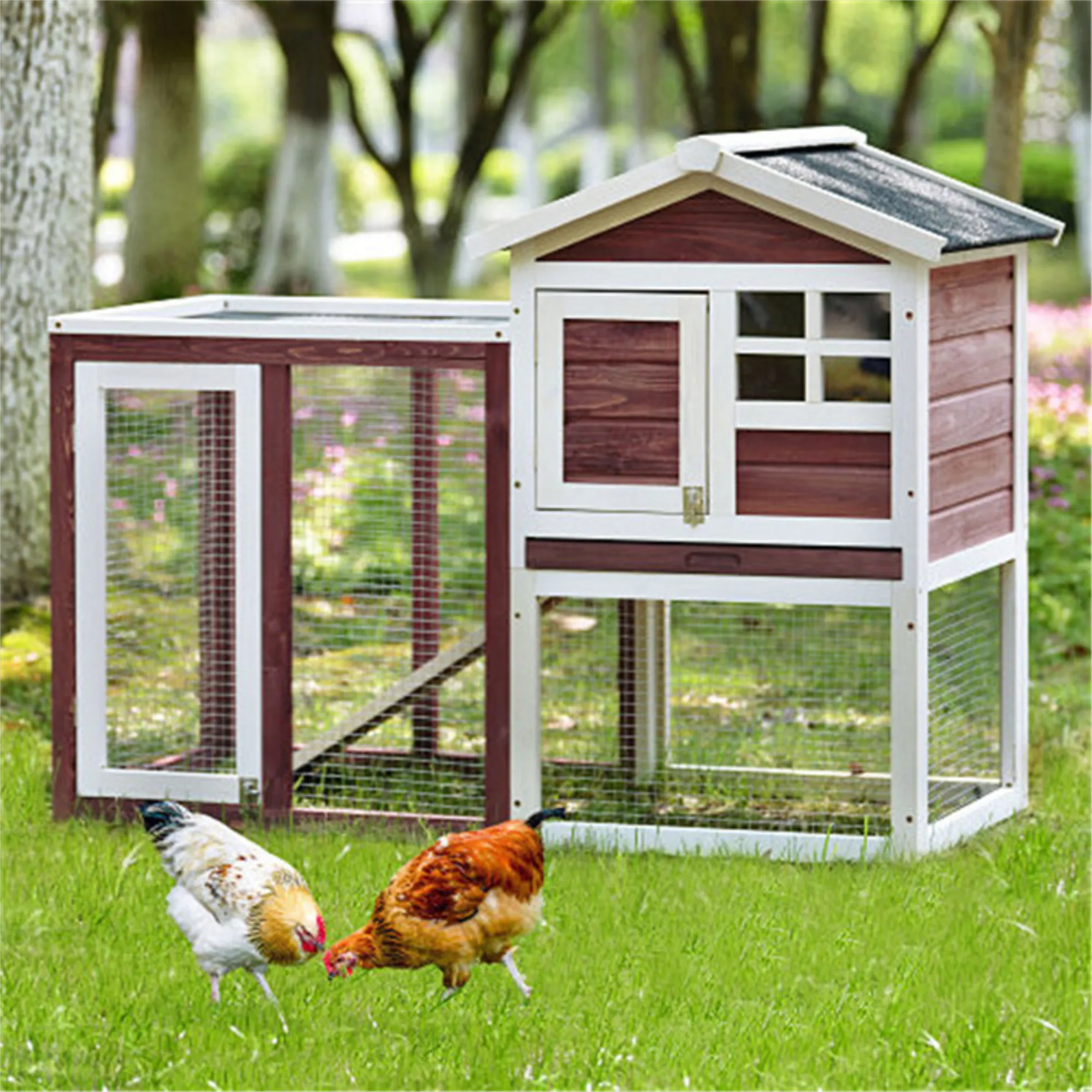 Pefilos 47" Outdoor Waterproof Chicken Coop Bunny Rabbit Hutch Hen Cage with Removable Tray, Brown