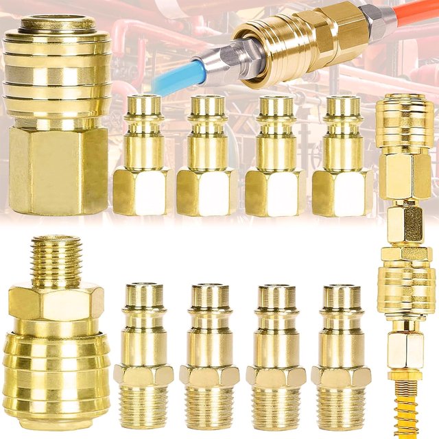 10Pcs 1/4" BSP European Quick Connect, 1/4" BSP Compressor Fittings, 1/4 Inch Air Fitting, Compressed Air Fitting, 1/4 NPT Air Fitting, 1/4" BSP Pneumatic Quick Connect(Gold)