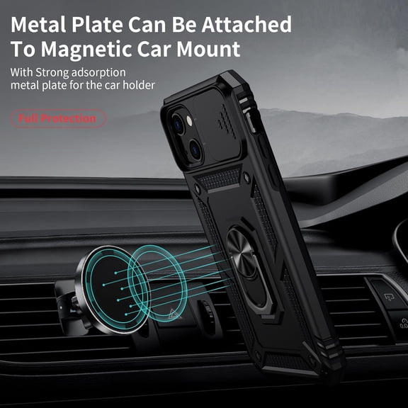 for iPhone 13 Case with Camera Lens Cover 10 FT Military Grade Drop Protection, Magnetic Ring Holder Kickstand Protective Phone Case for iPhone 13 6.1 inch, Black