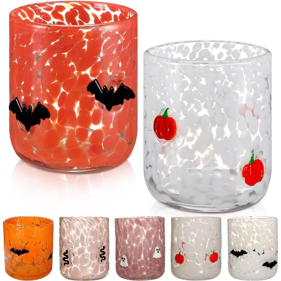 Halloween Icon Juice Glasses - Orange Pumpkin & Black Cat Icon Stemless Coffee Cocktail Glassware Cup for Halloween Fall Thanksgiving Party Gift, A