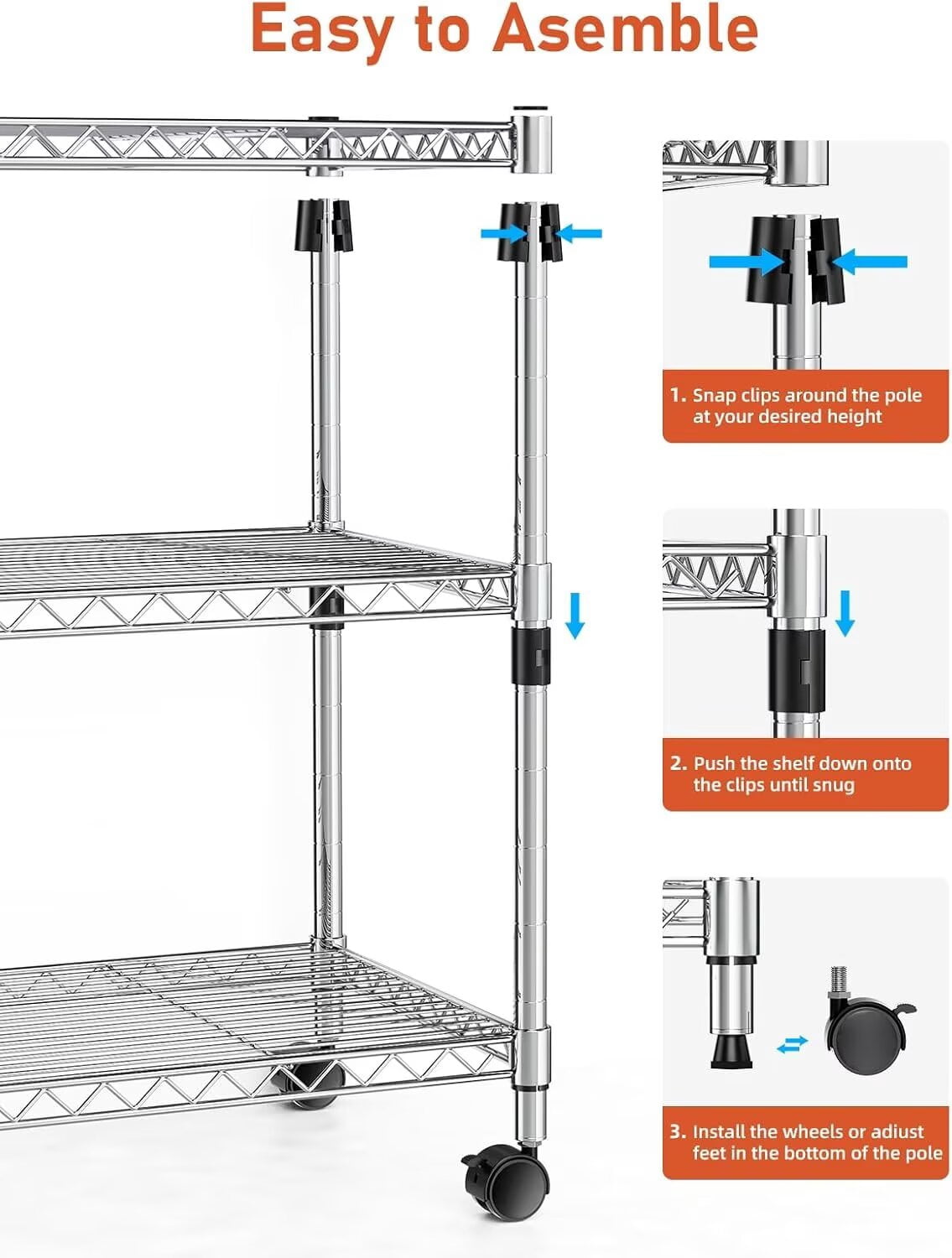 QUIOCOZY Heavy Duty 3-Tier Wire Shelving with Wheels, Adjustable Steel Storage Rack, 750 Lb Capacity, Chrome, 24" x 14" x 30"